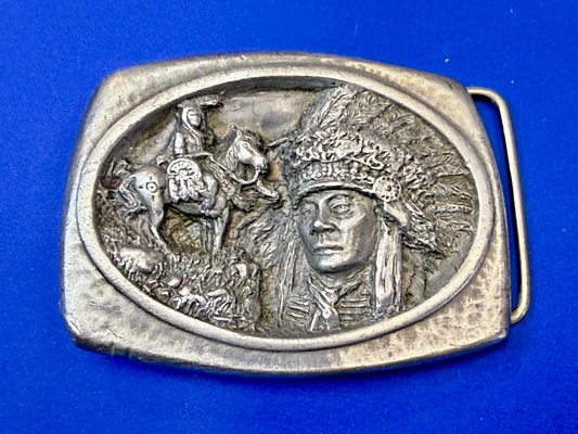 American Indian Chief Head with Headdress Silver Tone VTG 1988 C+J Belt Buckle