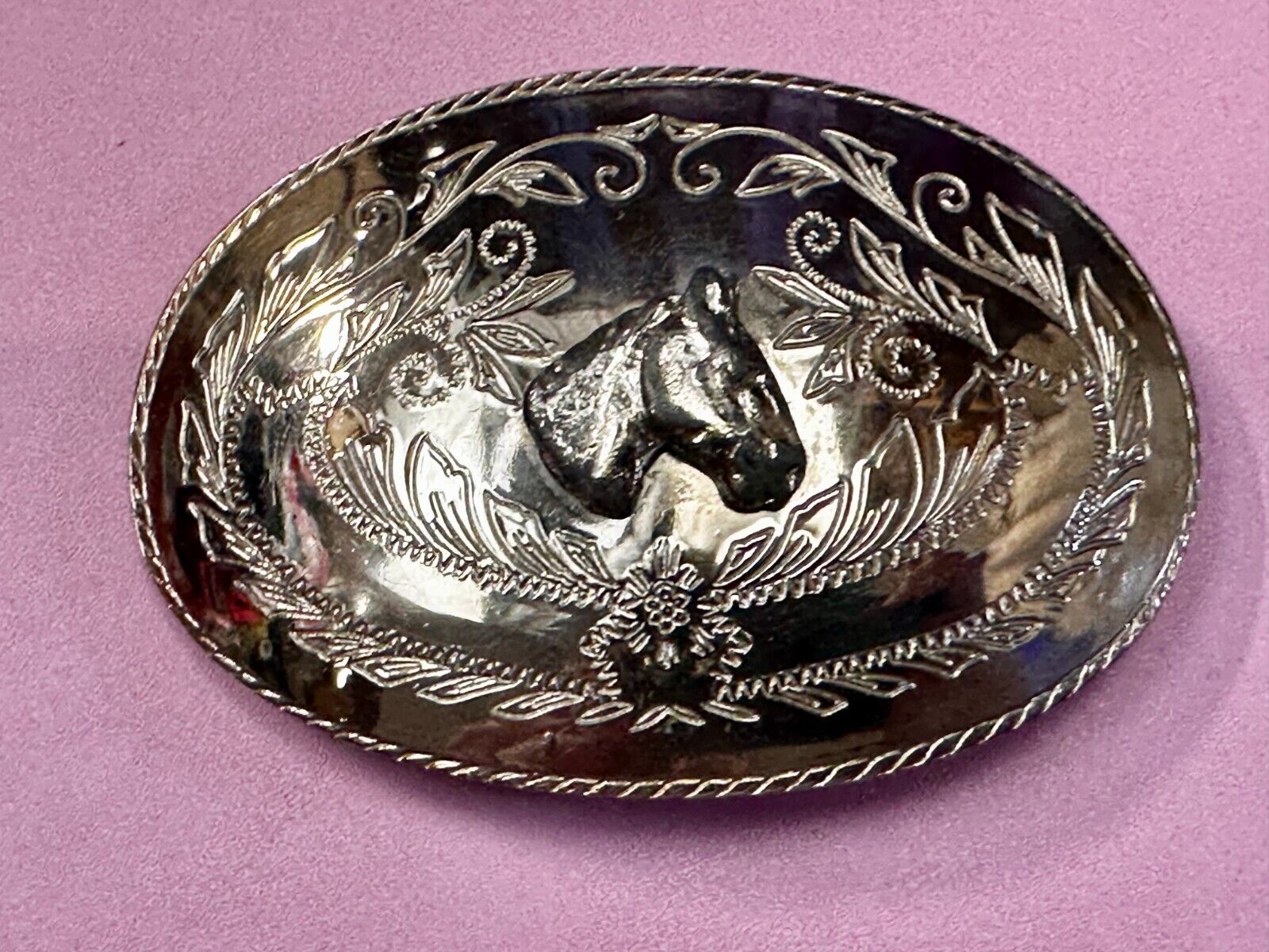 Vintage Horse Head Rodeo Flower Swirl Silver Tone Belt Buckle