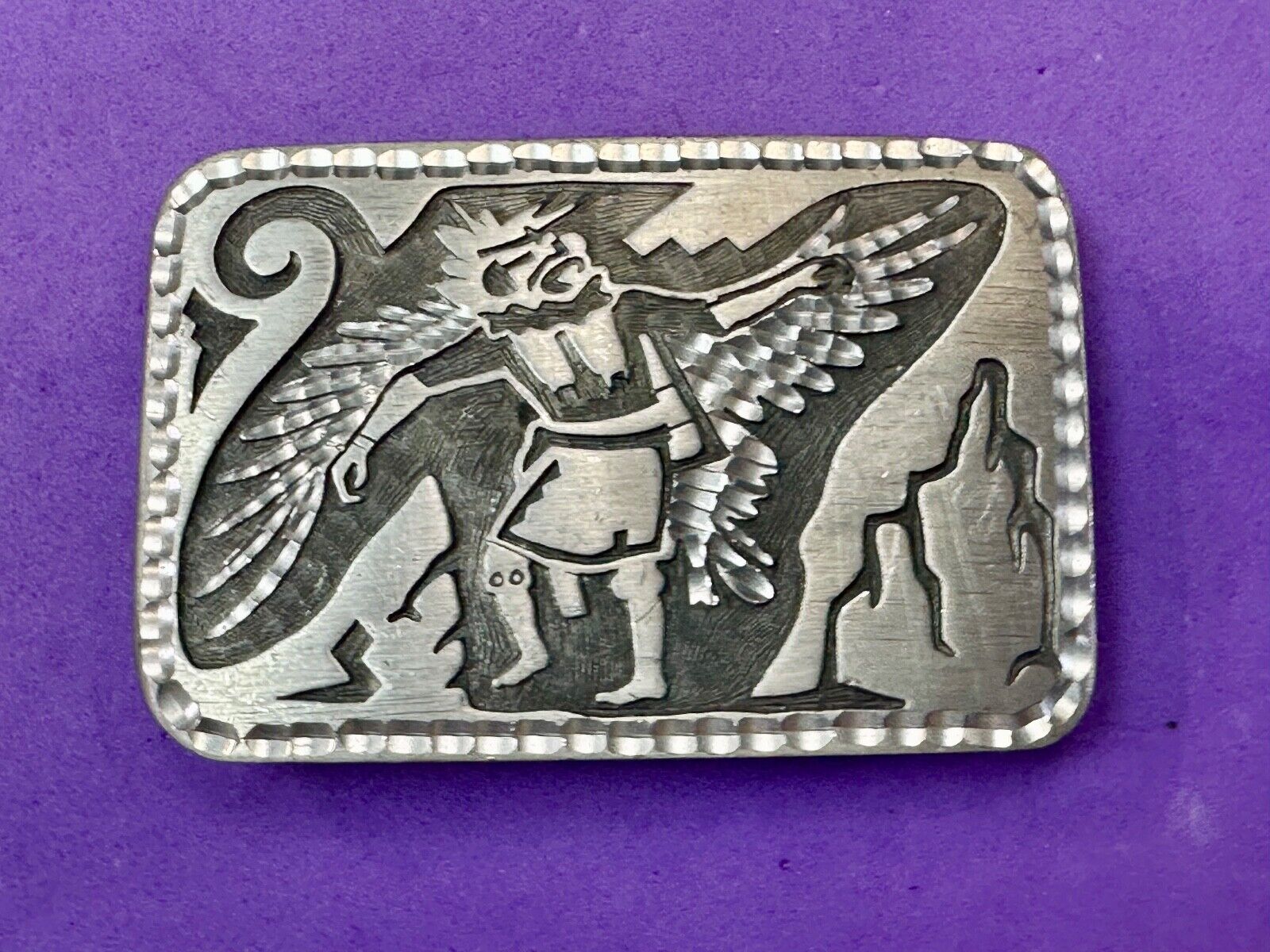 Unique Carving Ancient Mayan God Man Wings etched pewter vintage belt buckle