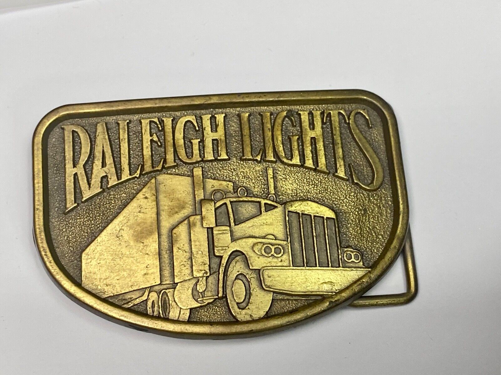 1970S Vintage Raleigh Lights Semi Truck Trucker Brass Tone Belt Buckle By Rj