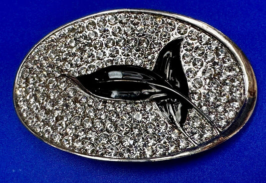 Black Leaf Design Silver Tone Clear Rhinestone Covered Oval Designer Belt Buckle