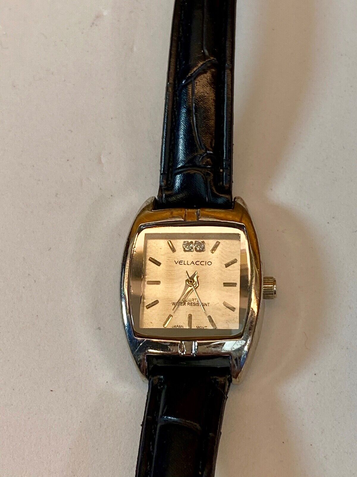 VELLACCIO watch - silver tone square face Diamond accent! black leather band