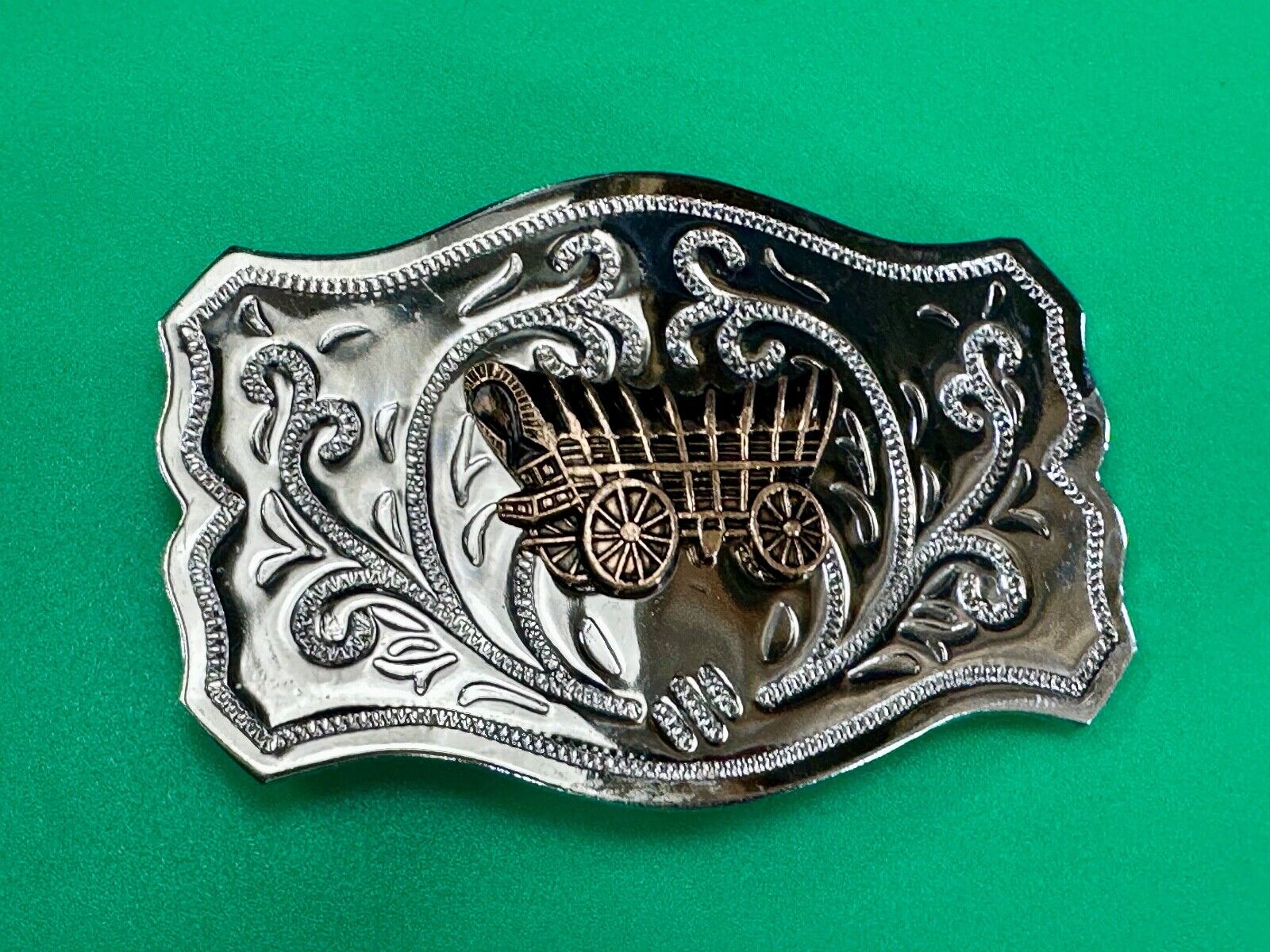 Vintage Covered Wagon - western two tone outlined ornate belt buckle