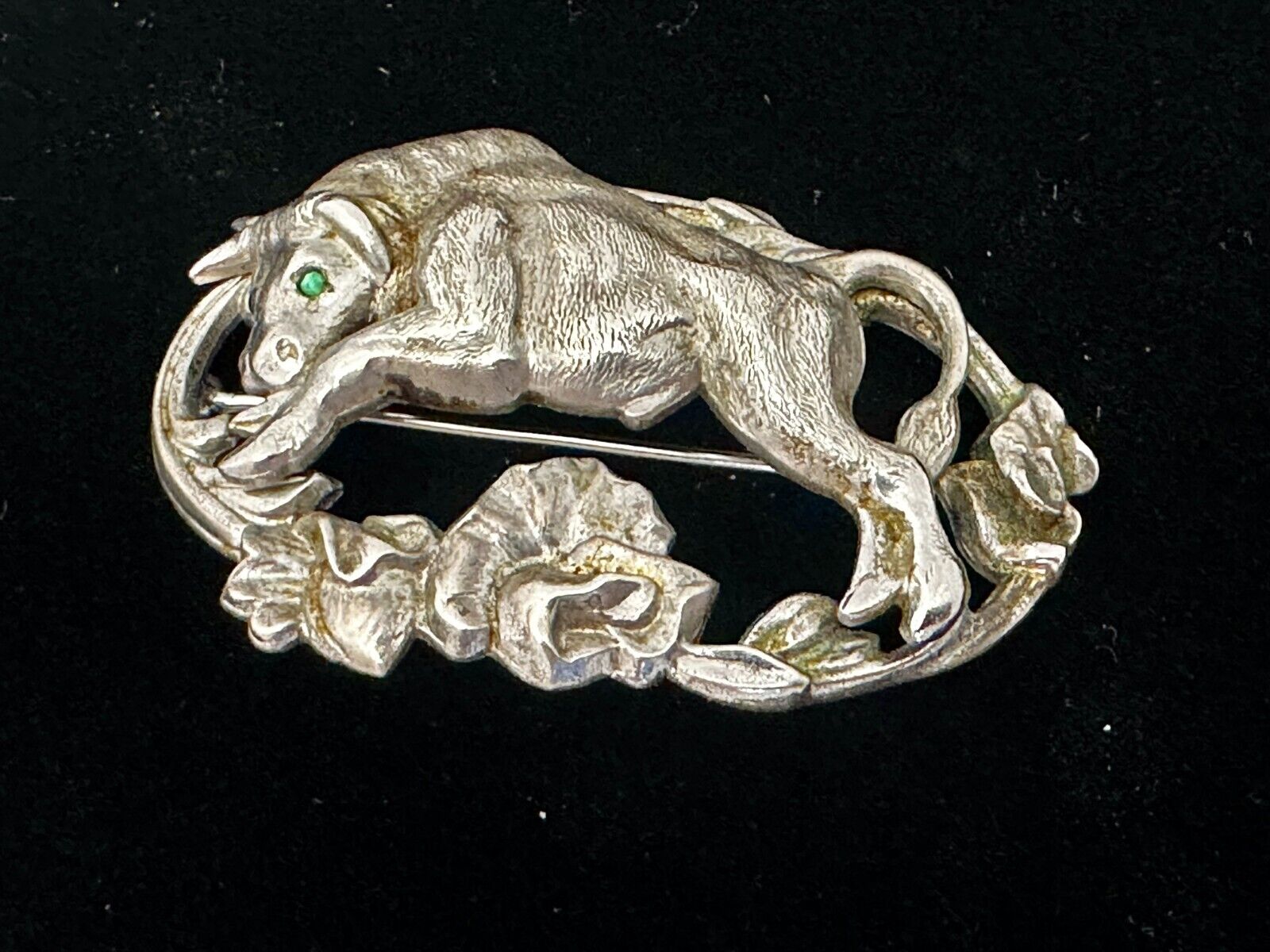 Taurus Bull 2" Wide Green Eyes -9 25 Sterling Silver Vintage Brooch by Otis