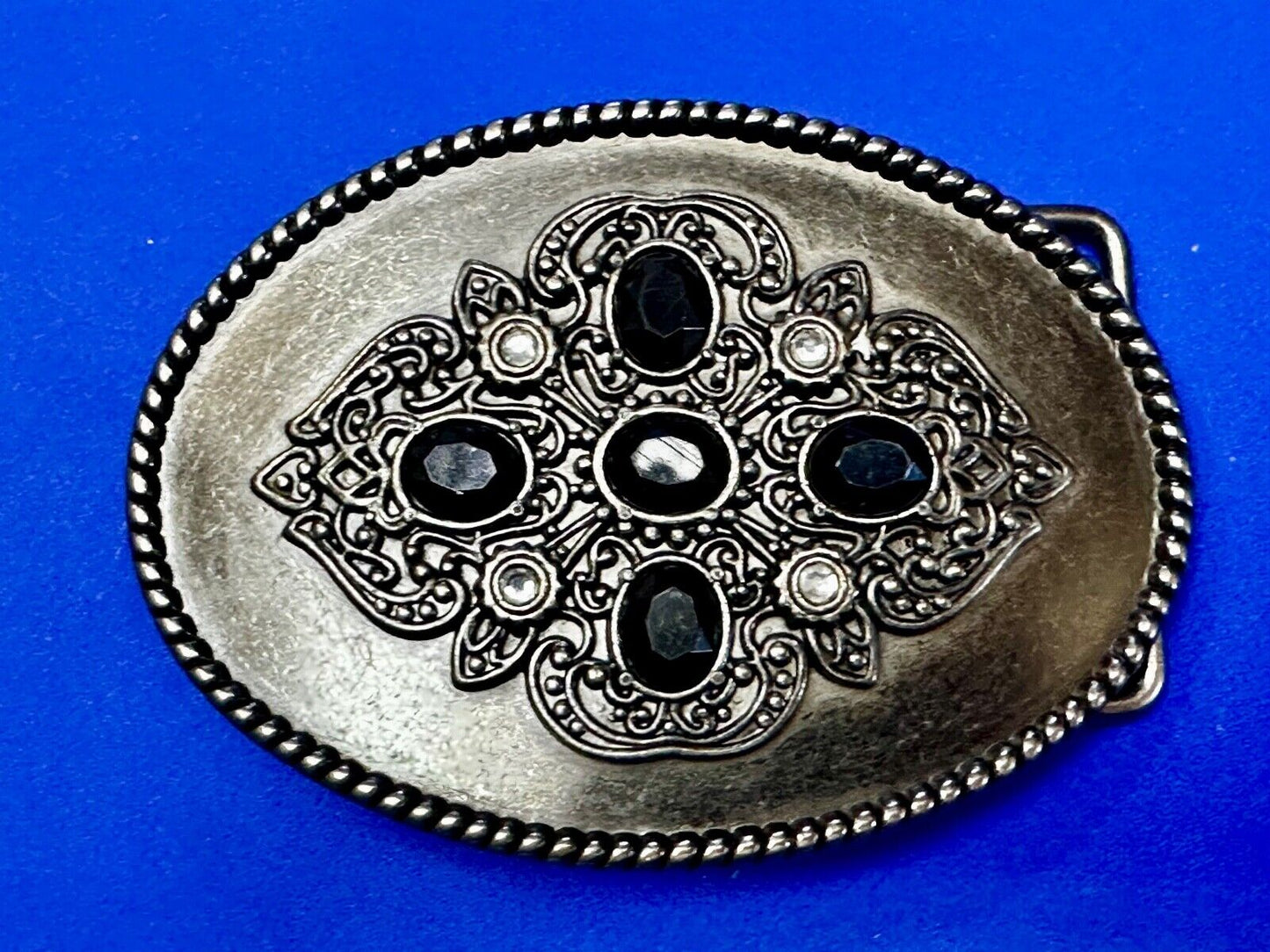 Black & White Rhinestones on Ornate Western Oval Belt Buckle with Rope Border