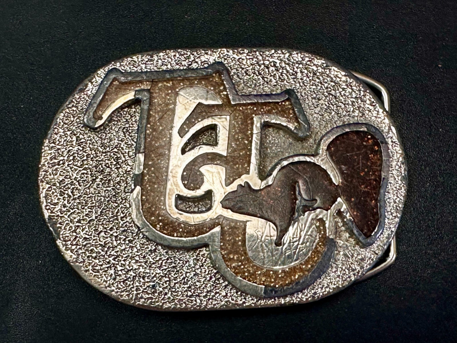 80'S  Tt Squirrel Sparky Brown Sparkle Enameled Vintage Belt Buckle 