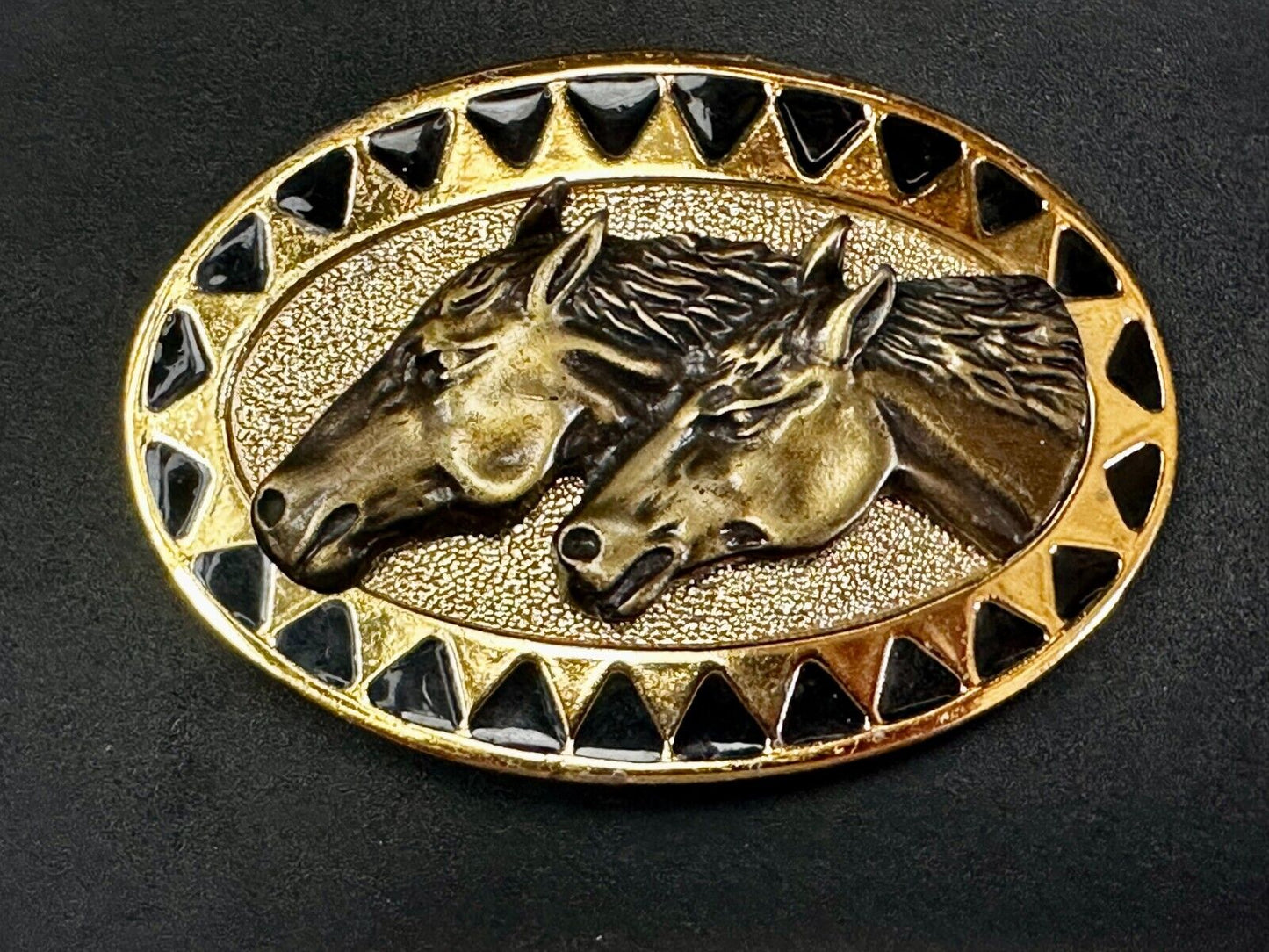 Two Running Horse Heads Vintage Mexico Belt Buckle - See Duck Makers Mark