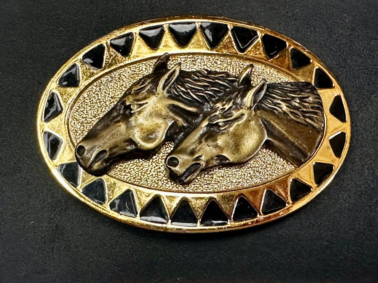 Two Running Horse Heads Vintage Mexico Belt Buckle - See Duck Makers Mark