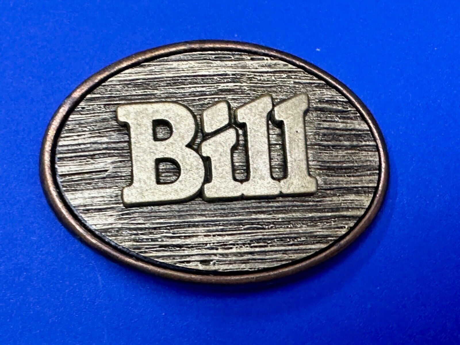 BILL  vintage custom name metal faux wood grain Belt Buckle By Oden