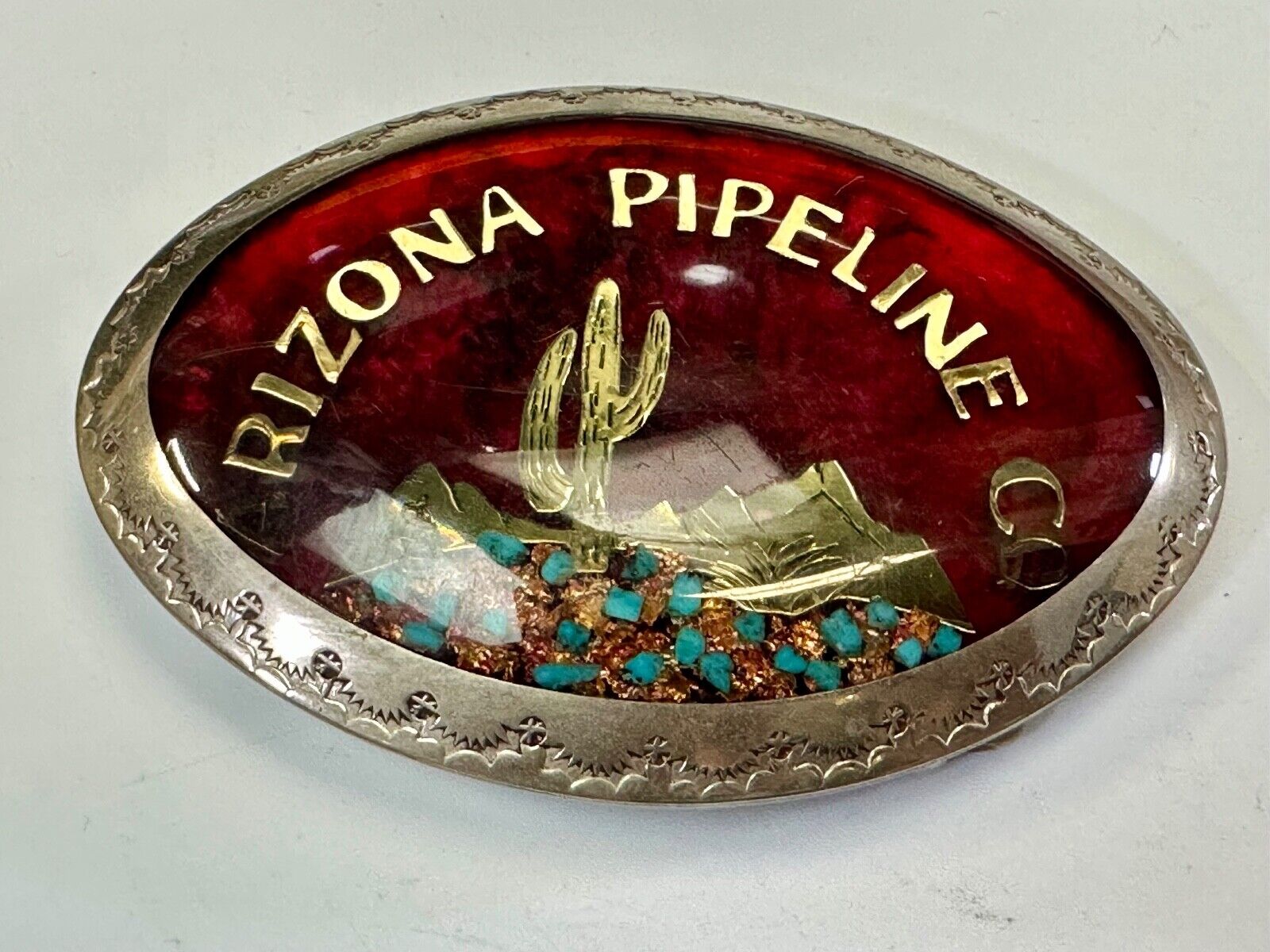 Arizona Pipeline Oil Mine inlaid turquoise Native American hallmark belt buckle