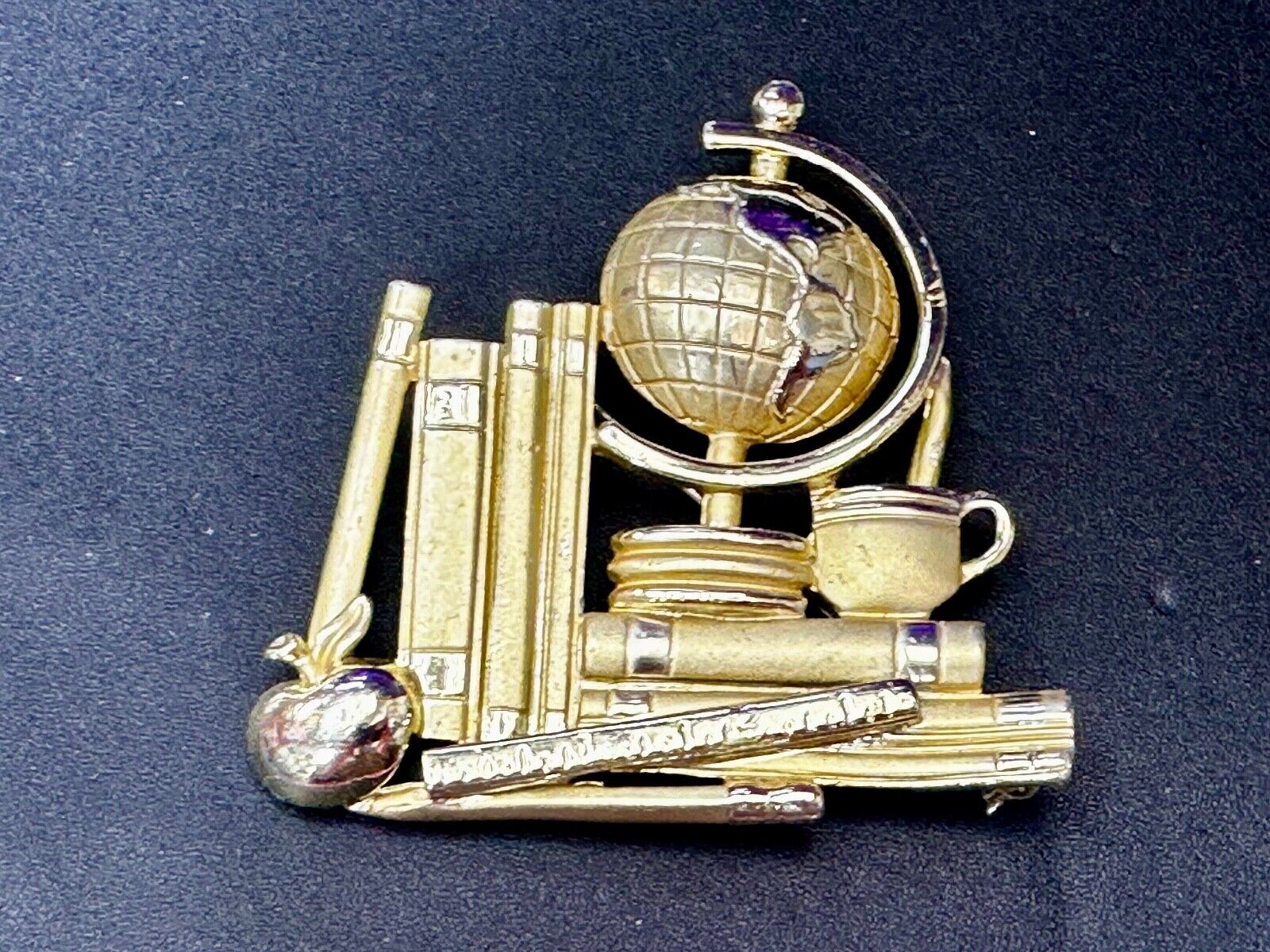 Teacher Gift!  Globe Books Apple Ruler Gold Tone Brooch Pin Vintage by AJC