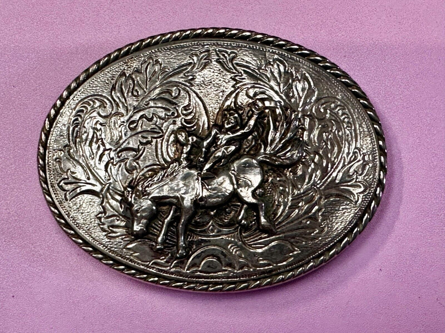 Taming the Wild Western Horse Vintage silver tone oval Belt Buckle 