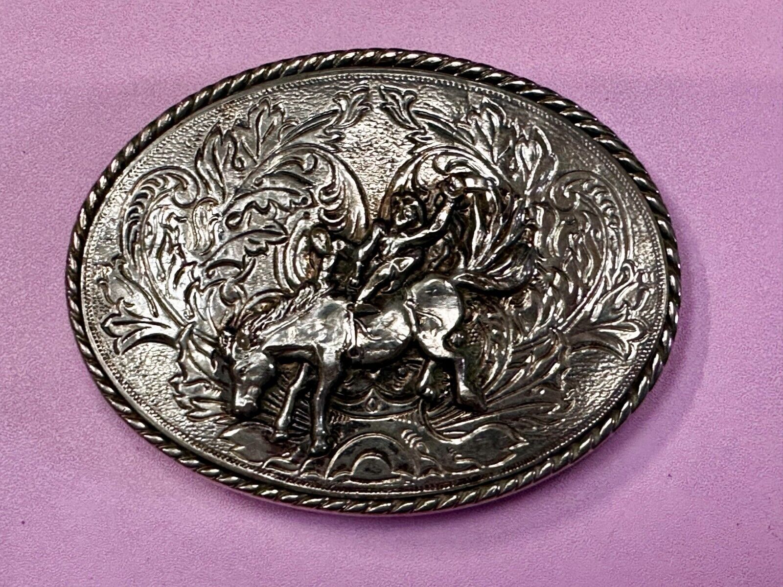 Taming the Wild Western Horse Vintage silver tone oval Belt Buckle 