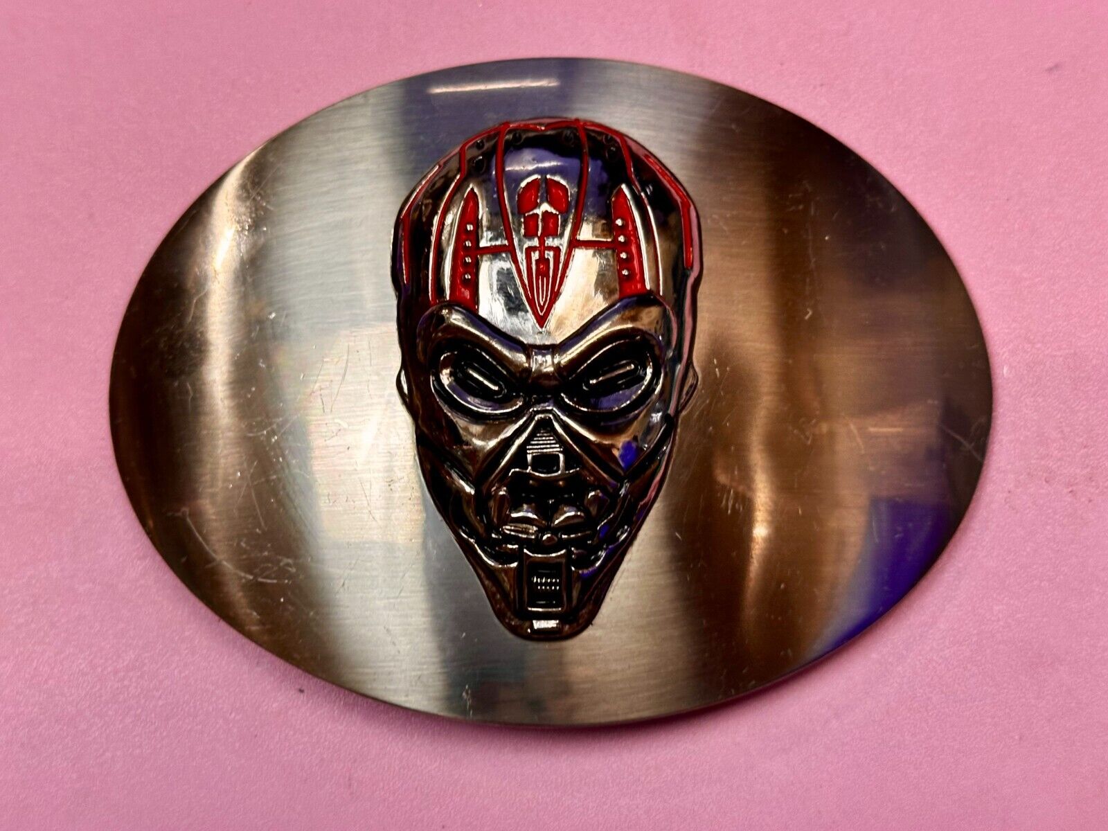 Terminator Skull Head Gothic Vibe Silver Tone Biker HUGE oval Belt Buckle