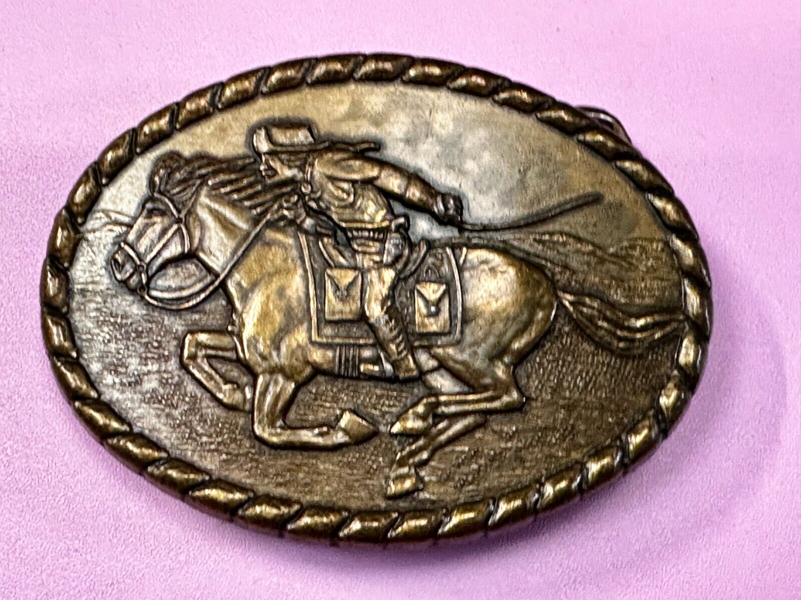 Vintage 1981 Pony Express Rider Mervyn's Commemorative Brass Tone Belt Buckle