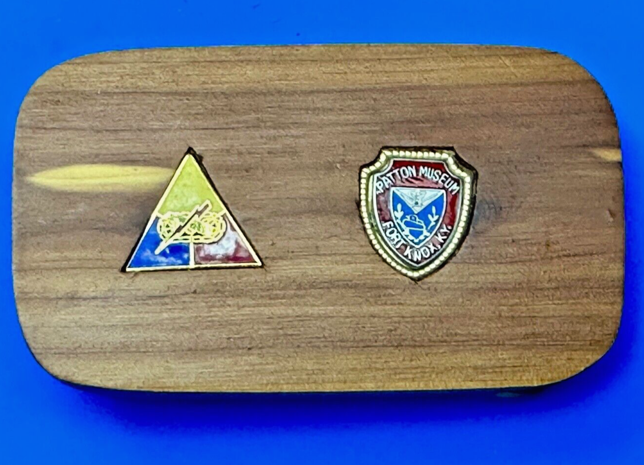 Two pins Patton Museum Fort Knox KY Artisan Inlaid project to wooden Belt Buckle