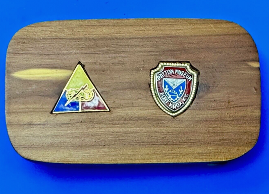 Two pins Patton Museum Fort Knox KY Artisan Inlaid project to wooden Belt Buckle