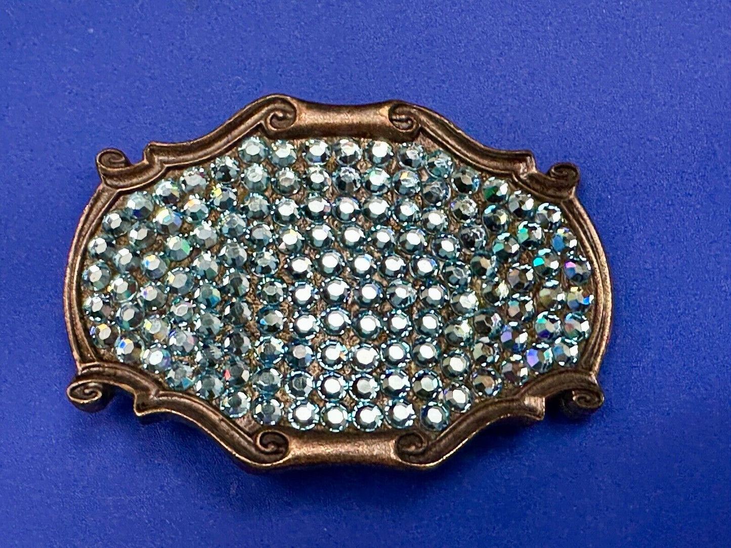 Vintage light blue rhinestone covered western framed belt buckle
