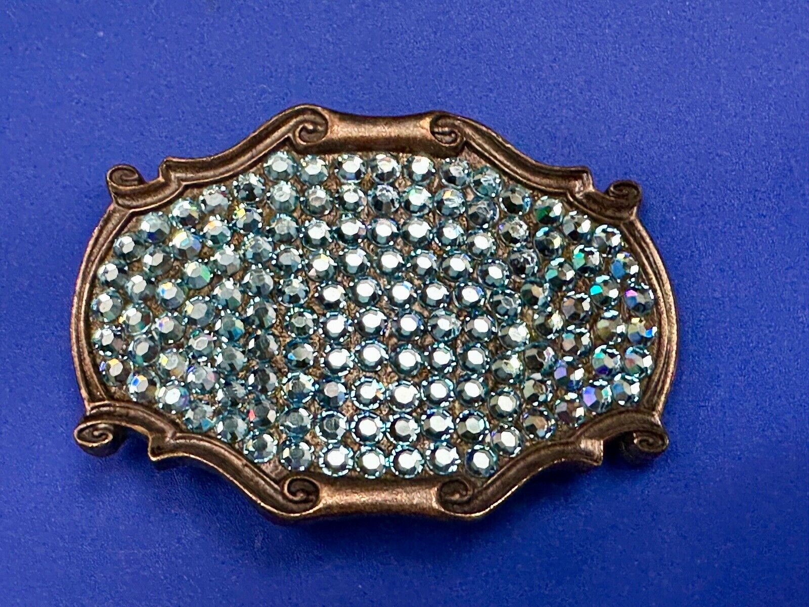 Vintage light blue rhinestone covered western framed belt buckle