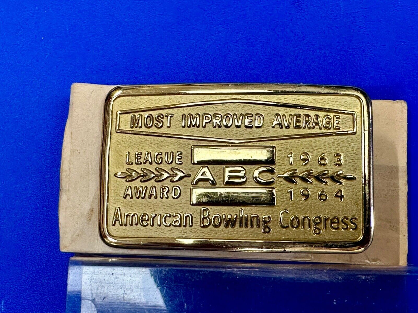 ABC Bowling League Award NOT engraved most improved trophy 1963 NOS belt buckle