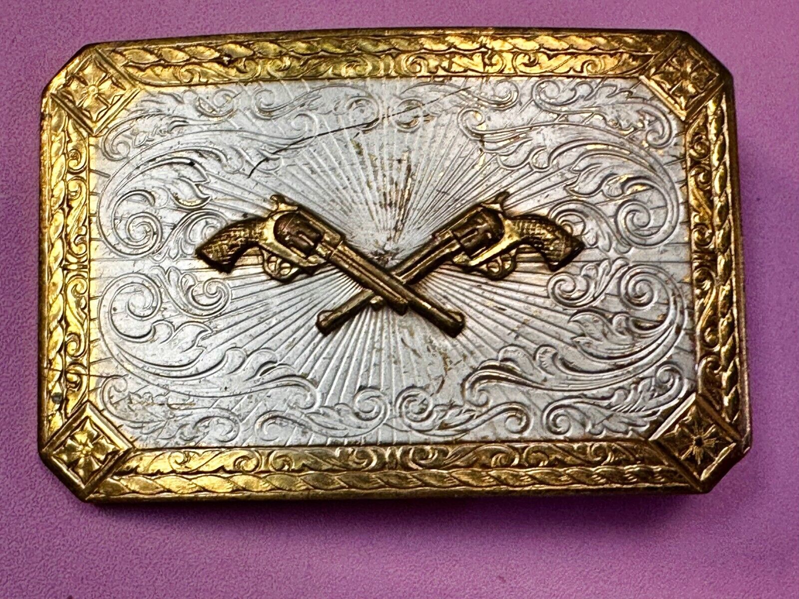 Twin Revolver Pistol Guns Two Tone Western Cowboy Vintage Belt Buckle