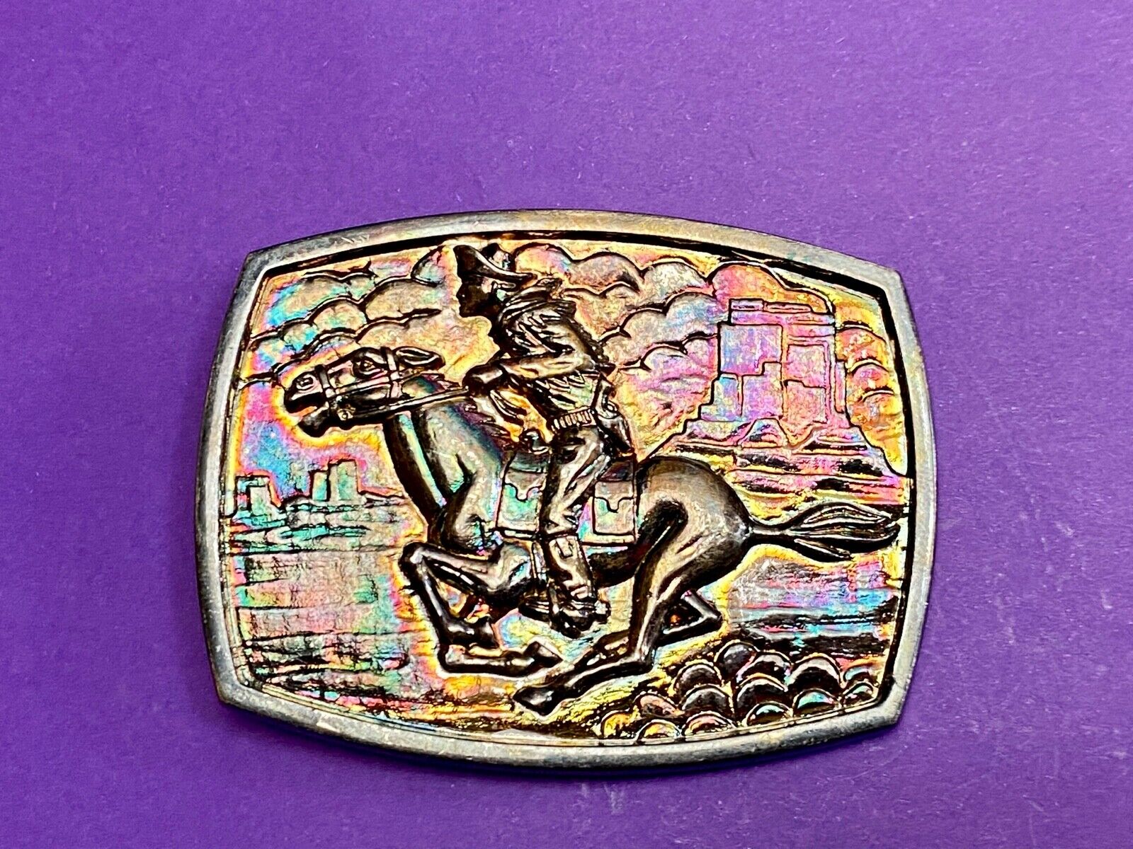 Vintage Horse Back Rider Racing Through Town Western Belt Buckle 