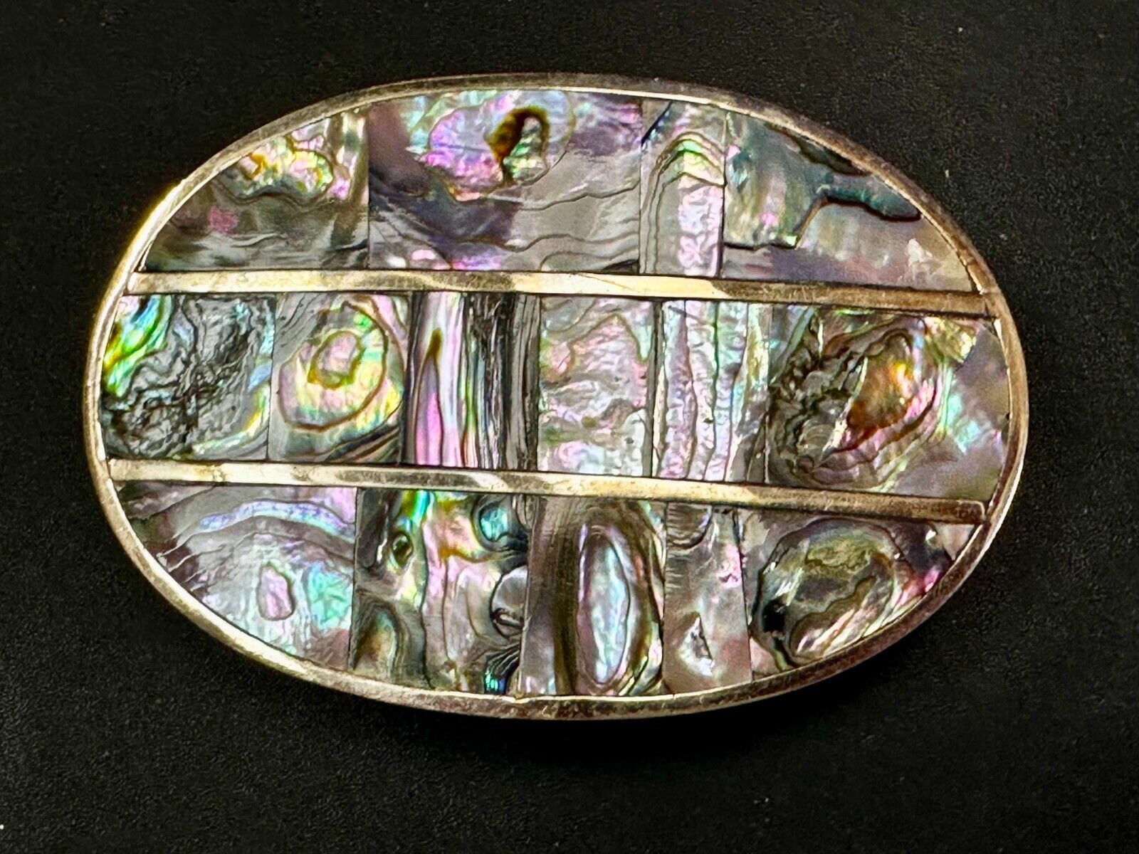Artisan Natural Abalone Shell Vintage Belt Buckle Stamped Alpaca Mexico
