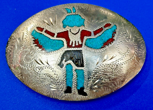 Bird Man Native American Indian Vintage Inlay Turquoise coral Inlaid Belt Buckle