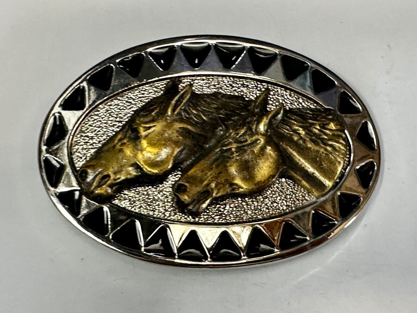 Two Horse Head -  Vintage two tone oval Belt Buckle with black arrow boarder