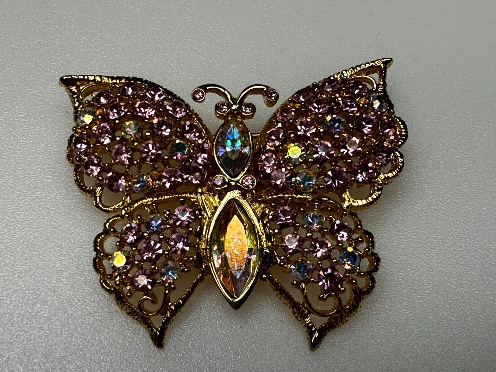 Aurora Borealis Butterfly Jeweled Insect Figural Brooch Pin Signed By Graziano