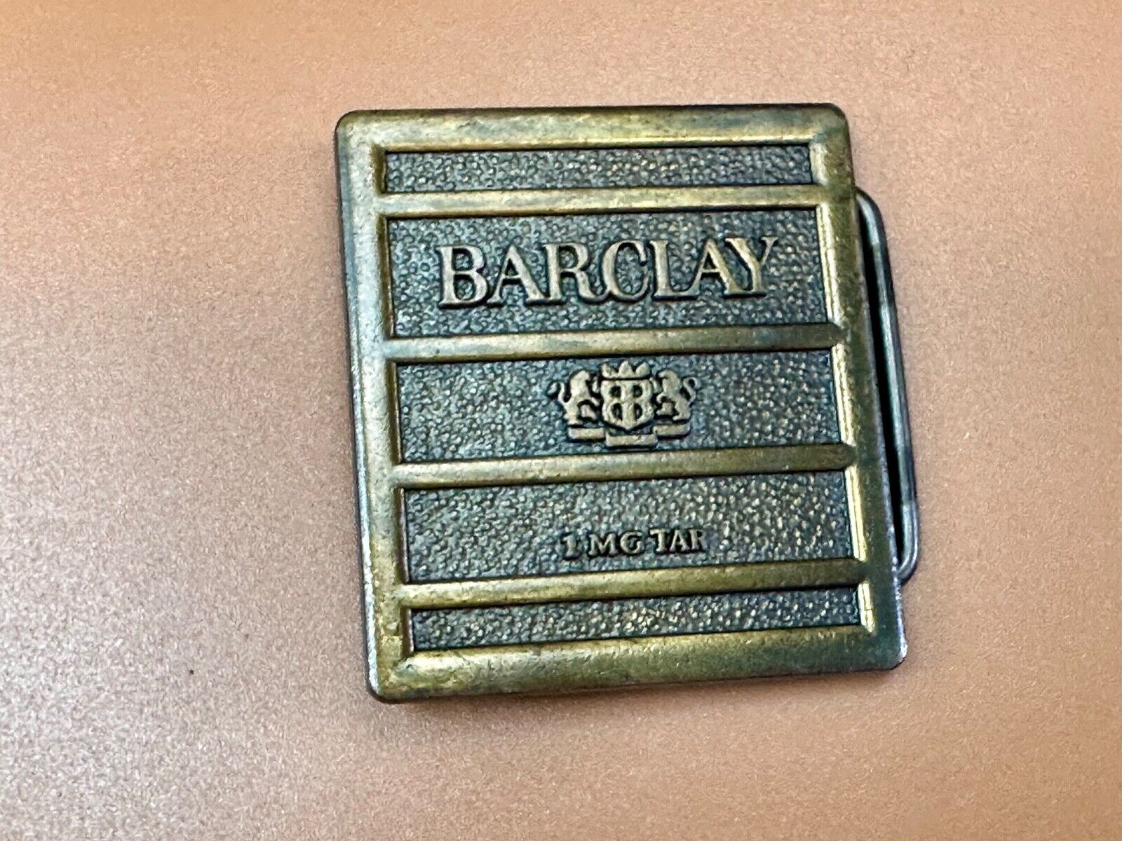 1970's Barclay Cigarettes Tobacciana RJ Reynolds Box Label 1mg Tar belt buckle