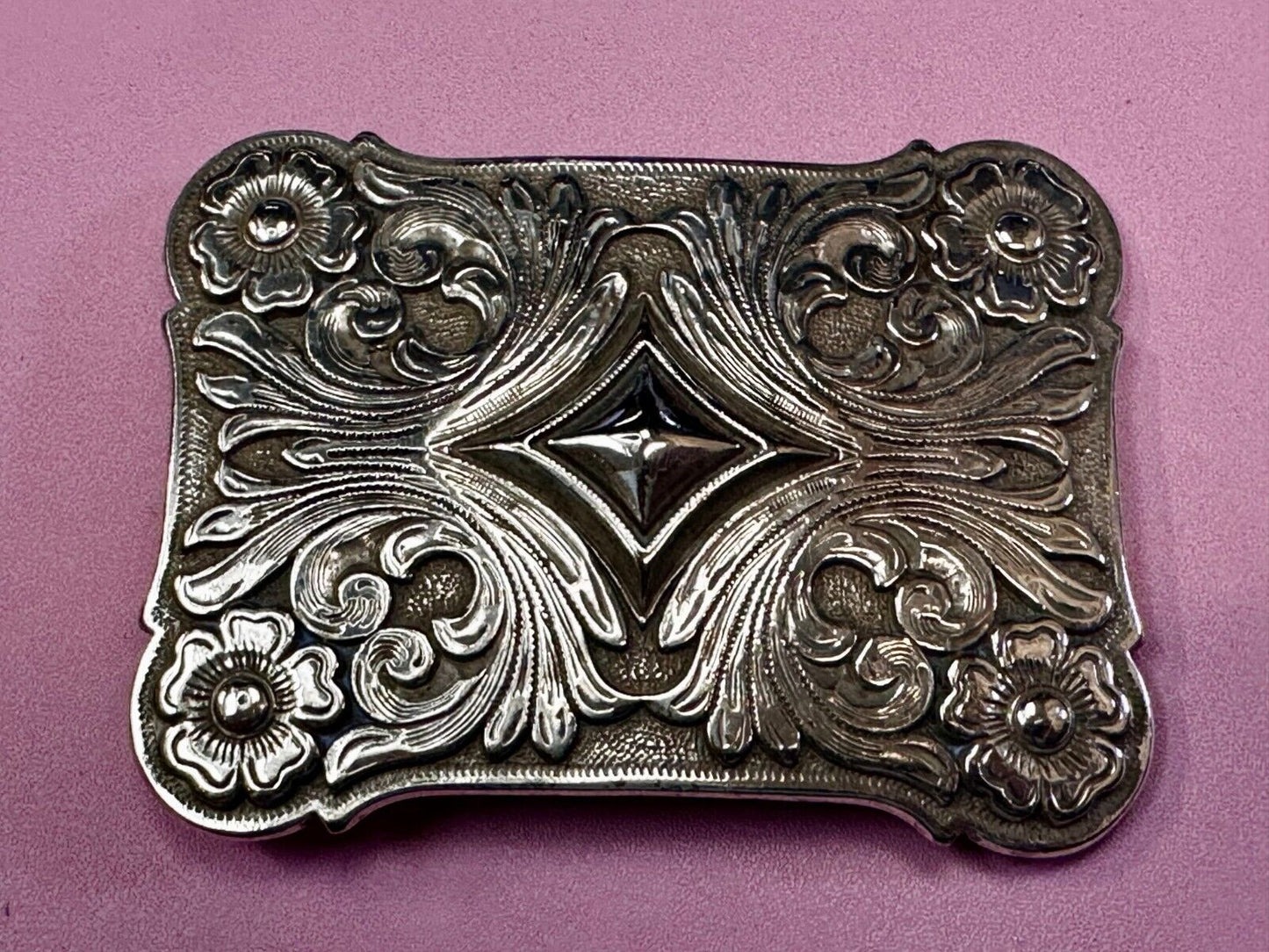 Vintage Ivan Brand Raised Diamond Center Flower Swirl Design Belt Buckle
