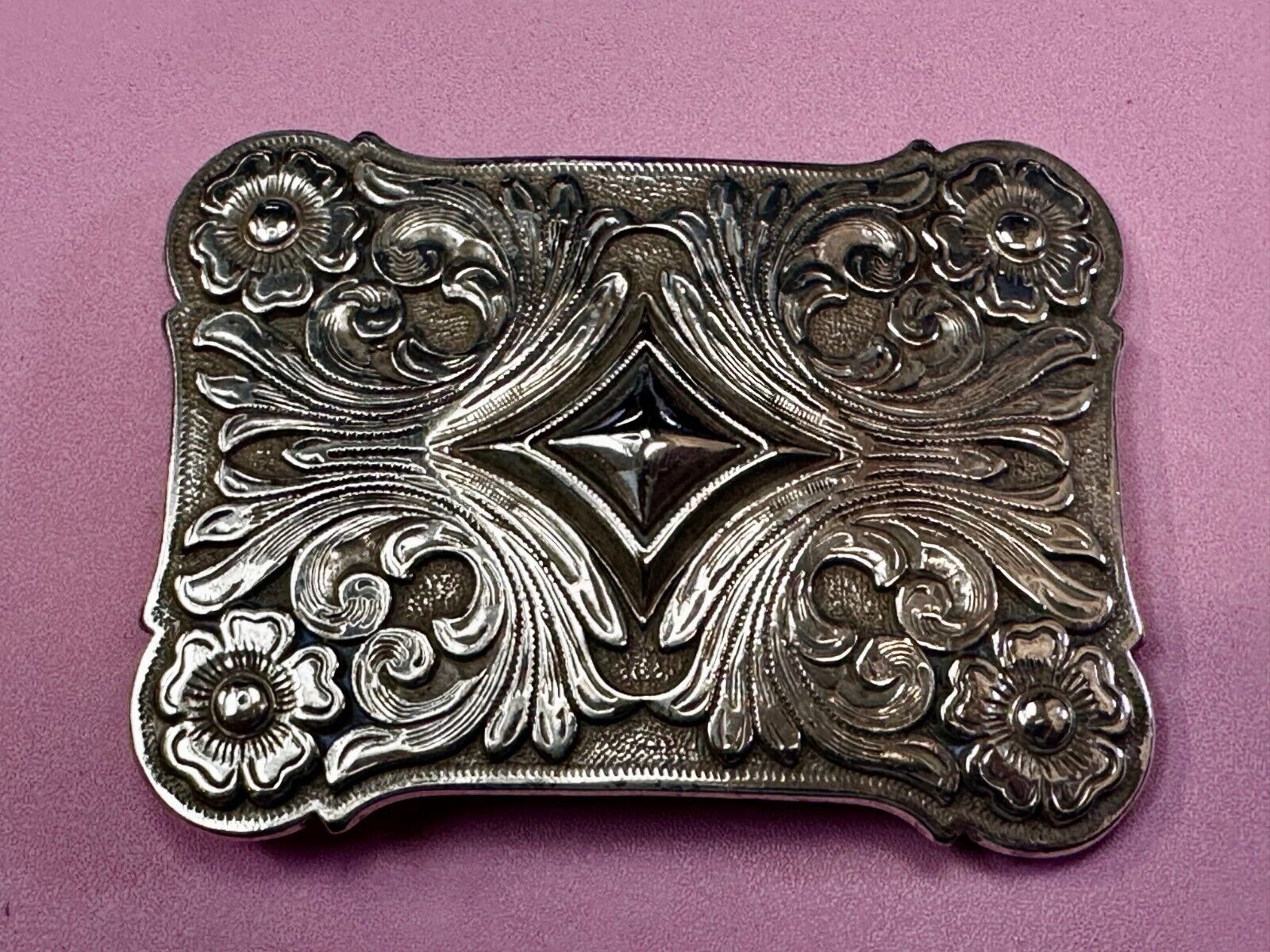 Vintage Ivan Brand Raised Diamond Center Flower Swirl Design Belt Buckle