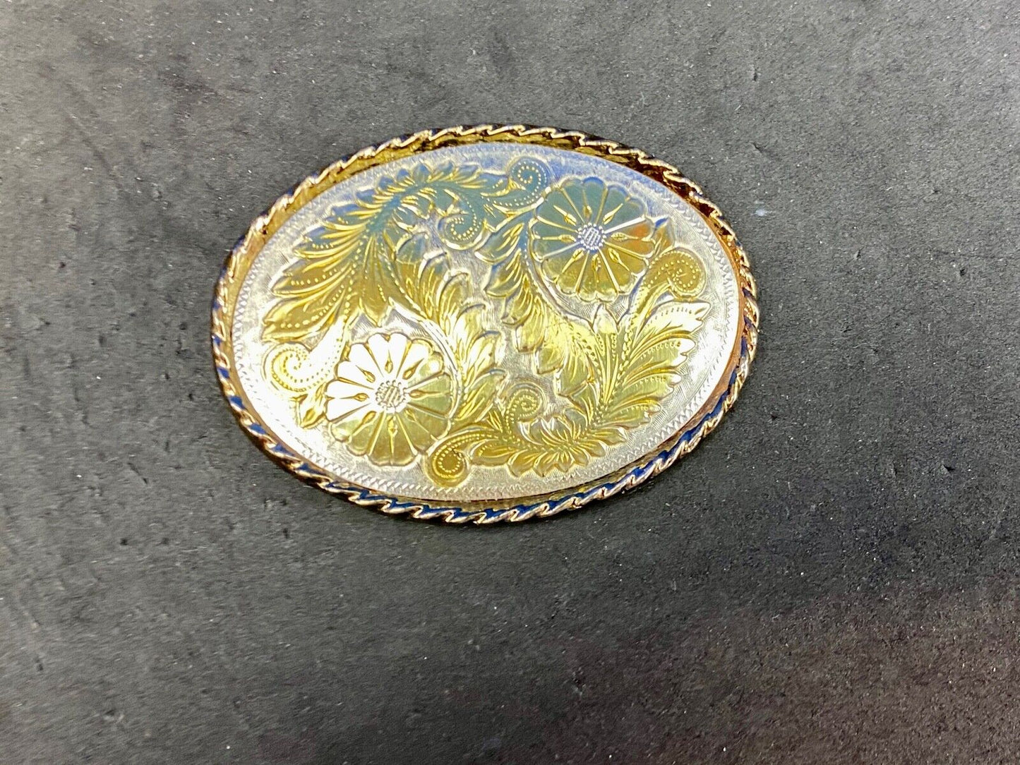 Vintage Etched? mixed metal flower swirl western belt buckle 