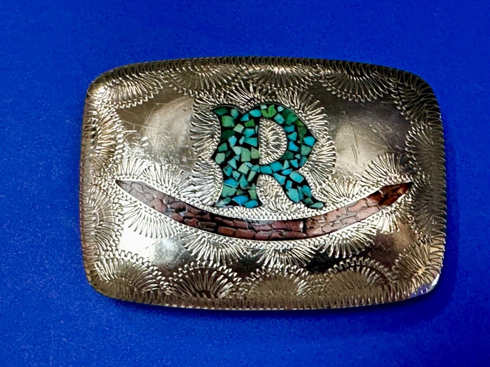 Turquoise & Coral Inlaid Native American Belt Buckle SSH Custom Initial Letter R