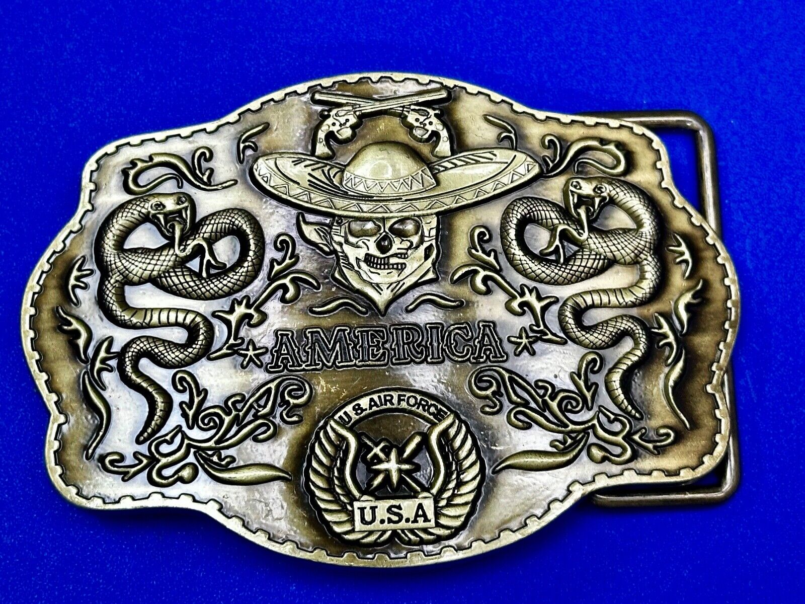 Air Force - America Skull in Cowboy Hat, Crossed Guns, Snakes, Eagle Belt Buckle