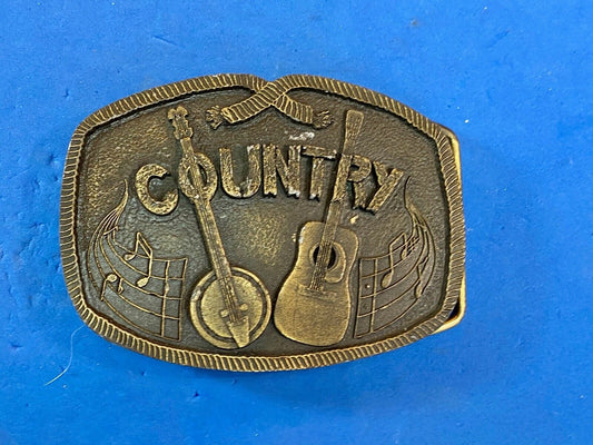 Vintage 1976  Brass Tone Country Music Belt Buckle Banjo And Acoustic Guitar 