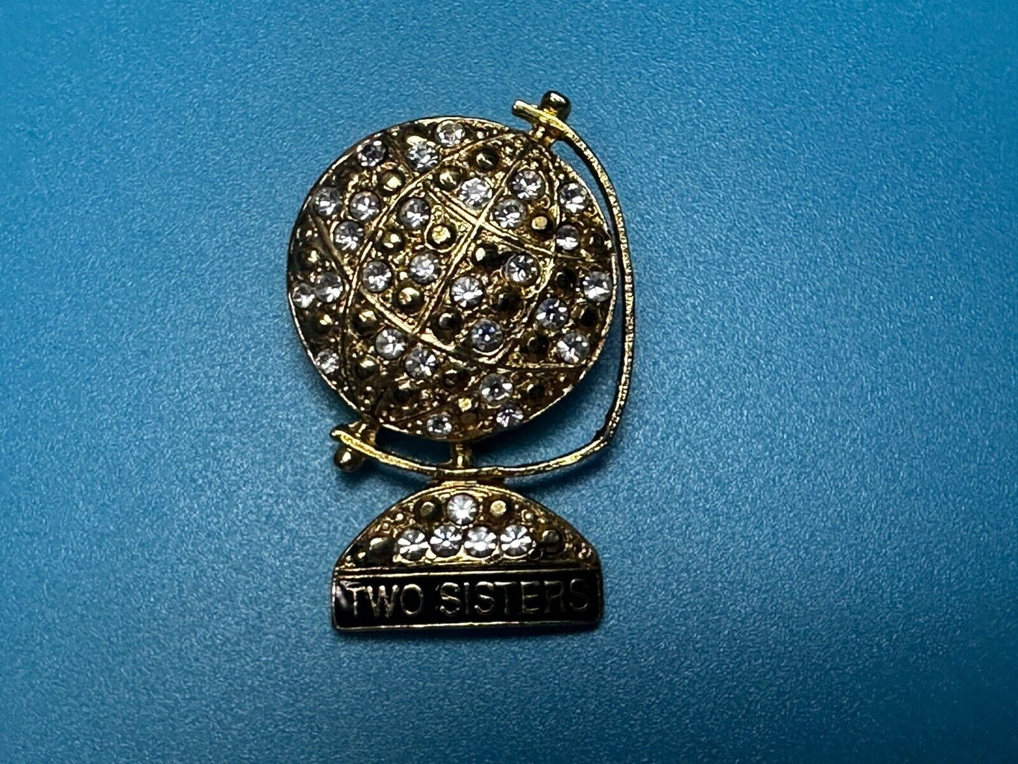 Two Sisters - Globe Covered with Rhinestone's Vintage Gold Tone Brooch Pin
