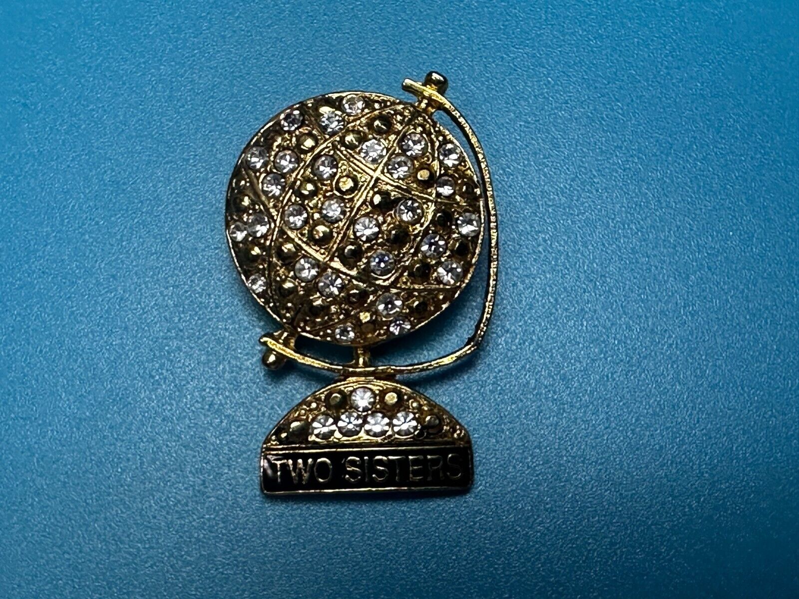Two Sisters - Globe Covered with Rhinestone's Vintage Gold Tone Brooch Pin