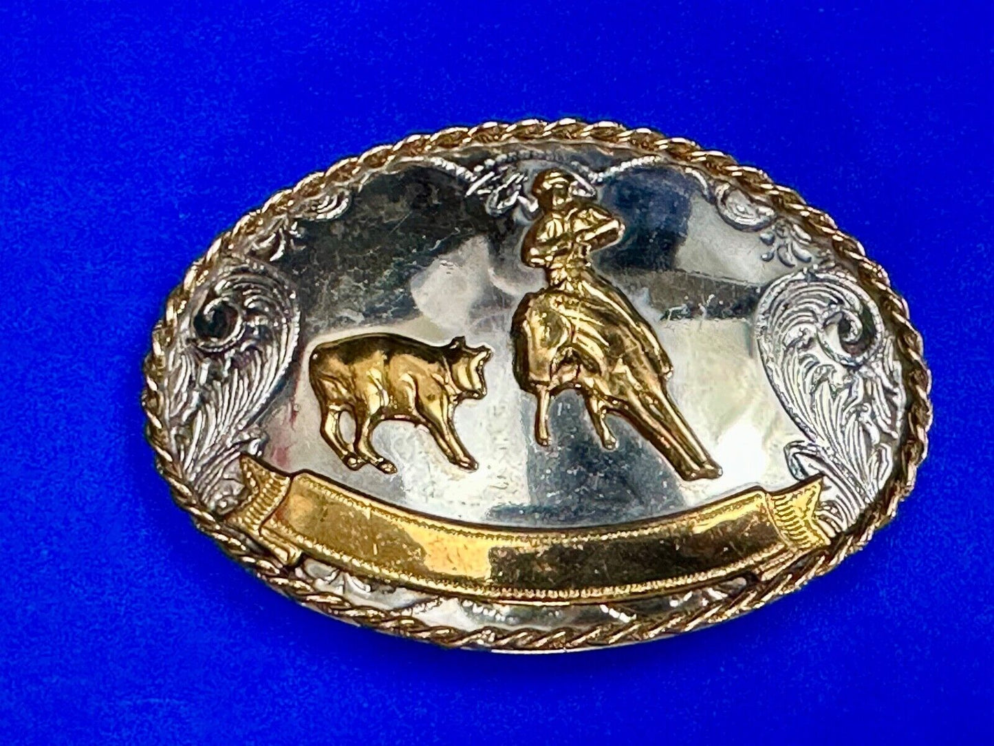 Vintage German Silver Rodeo Cowboy With Blank Award Trophy Ribbon belt buckle