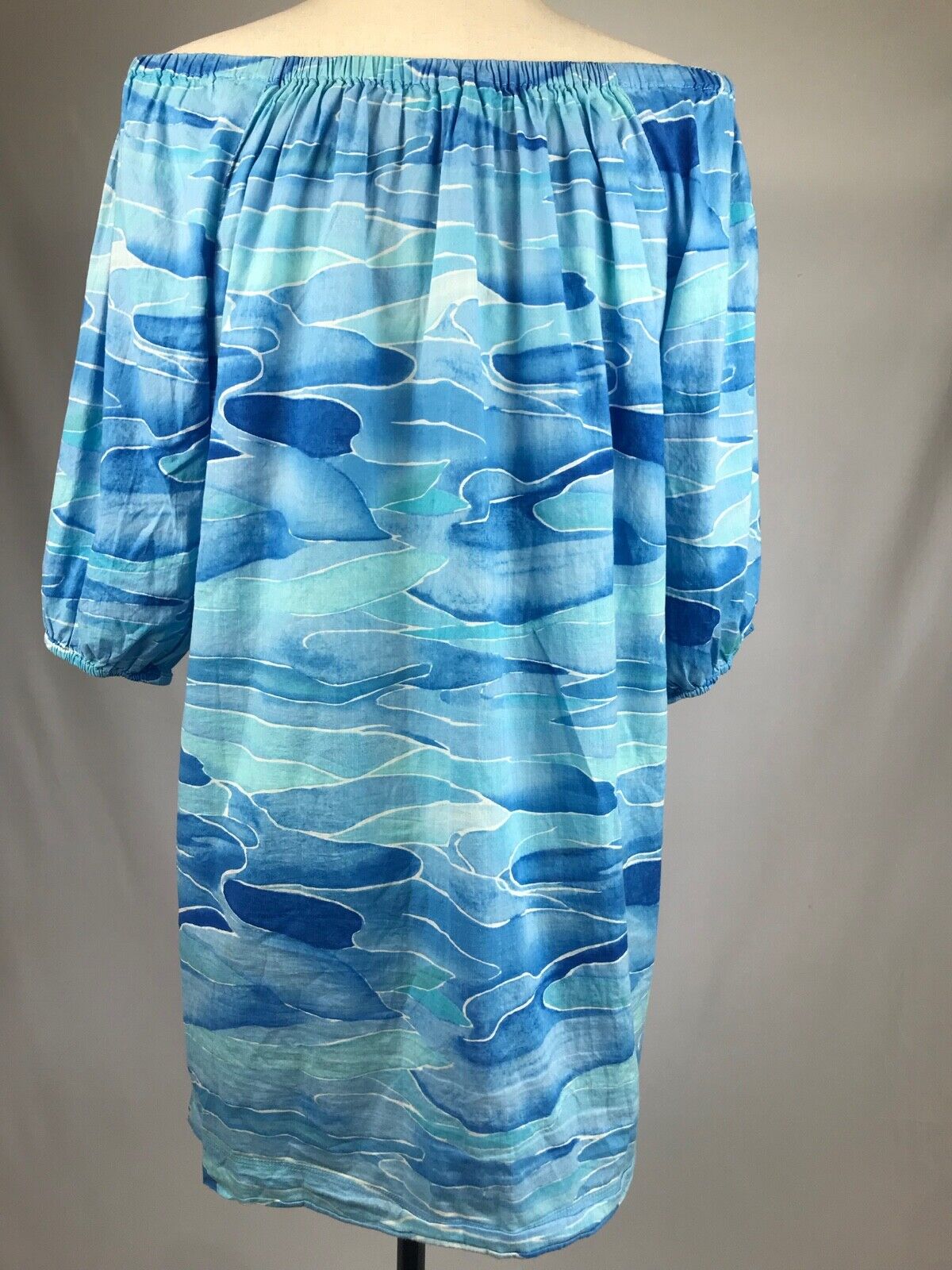 Anthropologie MERMAID Ocean Blue Waves Cover Up Shift Dress Off Shoulder S 