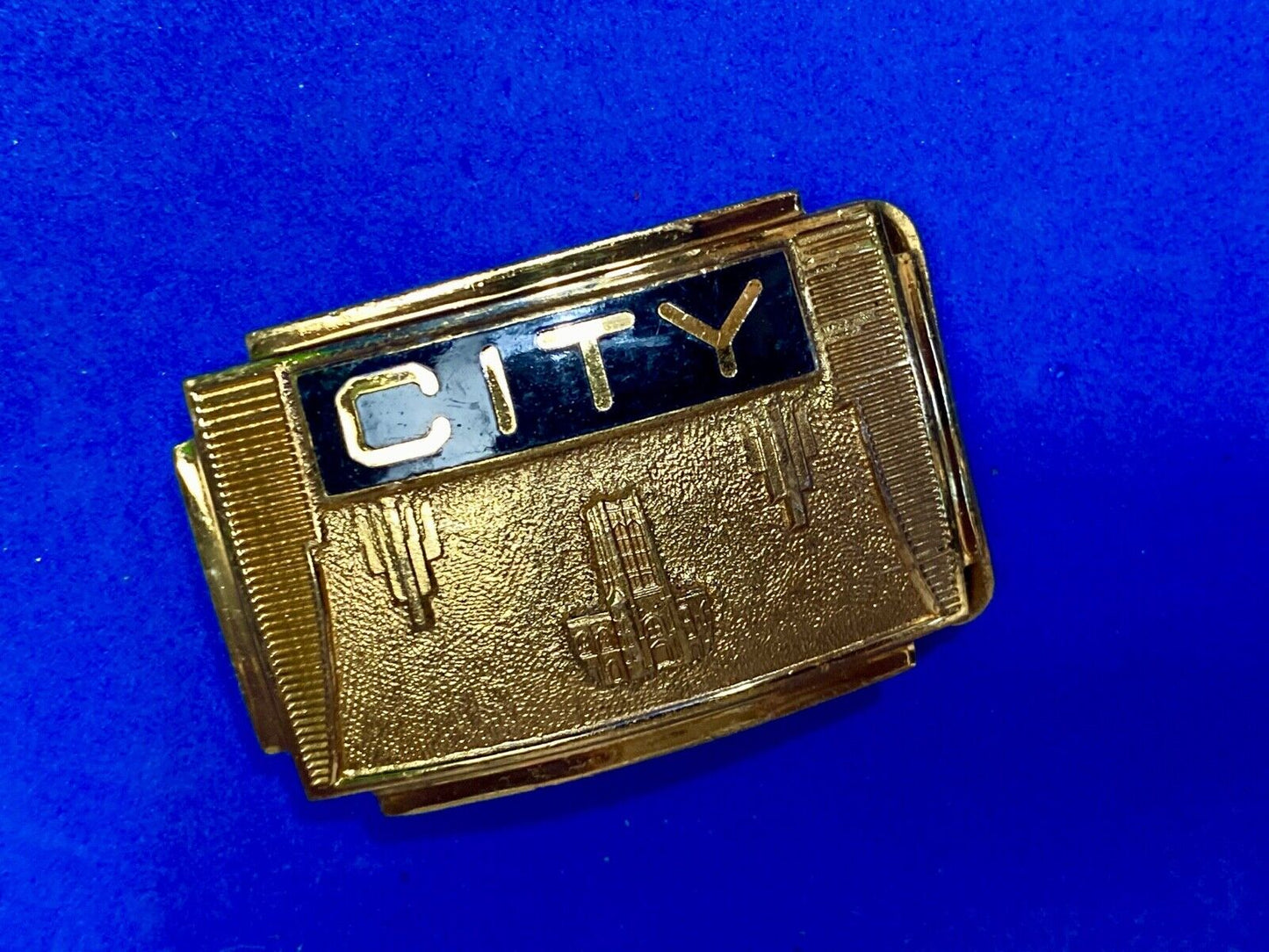 1930's CITY picture & words, Gold and Black color formal belt buckle by Jenkins 