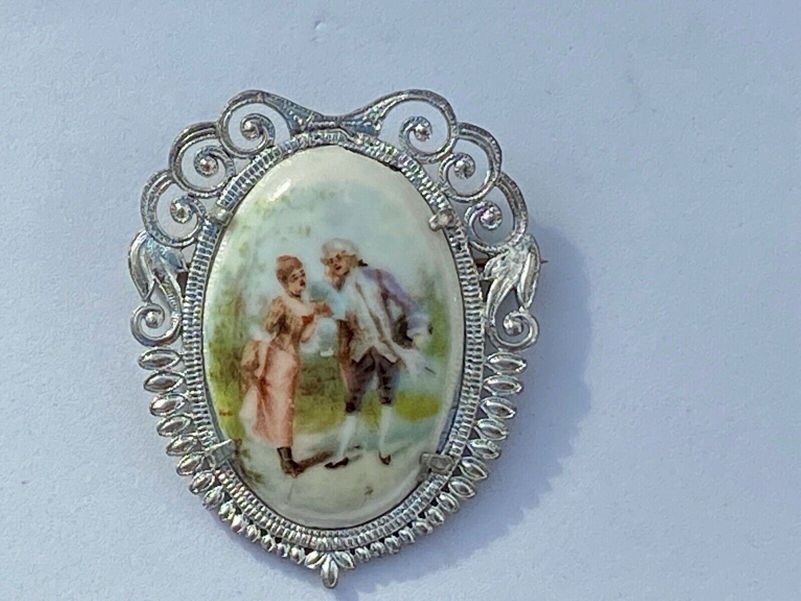 Victorian Courting Couple - Porcelain Painting Silver Tone Cab Oval Brooch Pin