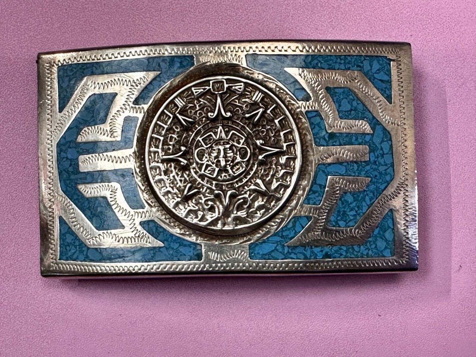 Aztec Mayan Calendar Sun Turquoise Inlay Southwestern Vintage Belt Buckle