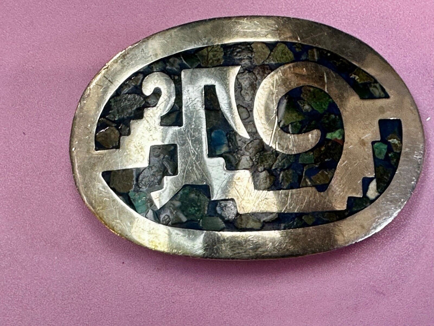 Vintage Inlaid Abalone Shell AZTEC MAYAN Theme Mexico Made? Belt Buckle