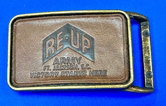 Army Re-up Ft Jackson SC Victory starts here leather & brass tone belt buckle