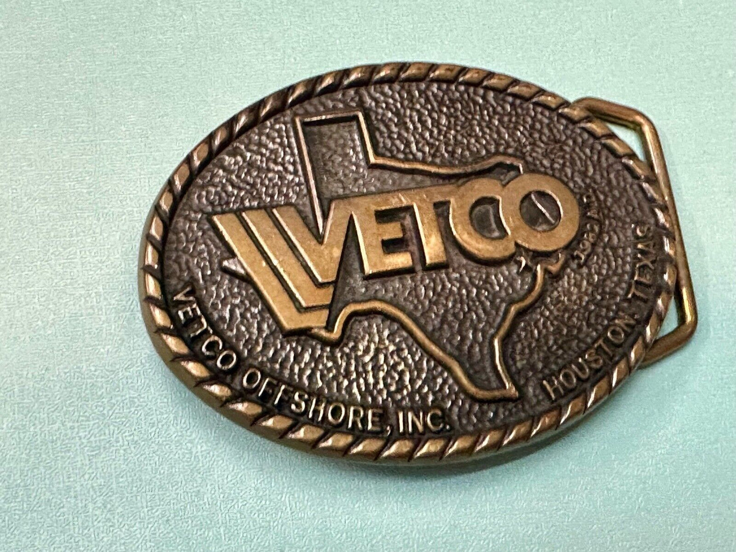 VETCO Houston Texas OffShore Inc animal health Vintage solid brass belt buckle