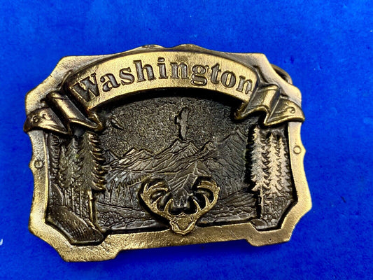 Vintage 1980 The State Of Washington, Deer In Pine Tree Forrest Belt Buckle 