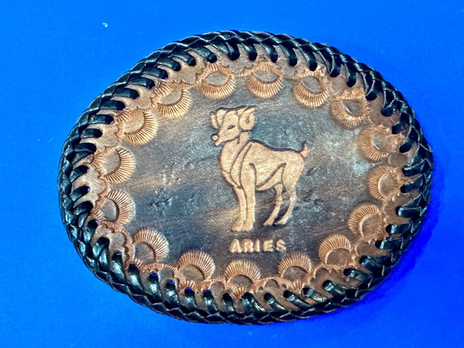 Aries Leather Oval Astrology Belt Buckle Vintage Hand Stitched Tooled Ram Horns