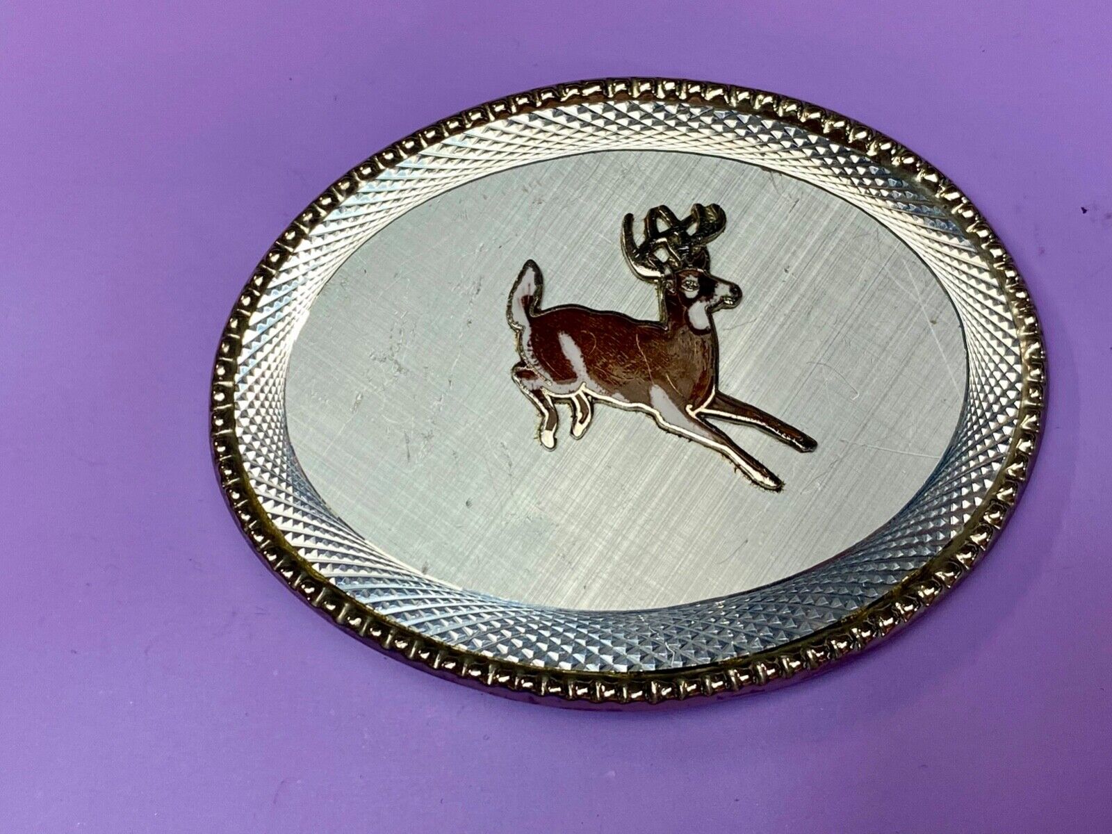 Adorable running Deer Dow western oval etched belt buckle stamped W